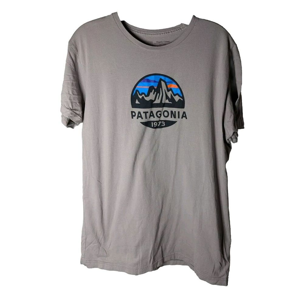 Patagonia Mens Short Sleeve T Shirt Large Slim Fit Beige Graphic Print Ski‎ Hike